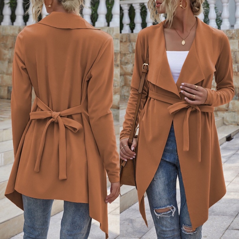 Rust orange vegan Suede Waterfall trench Jacket - Picture 2 of 5